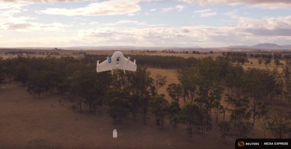 Google's Project Wing drone makes a delivery in this undated demonstration video. REUTERS/Courtesy of Google