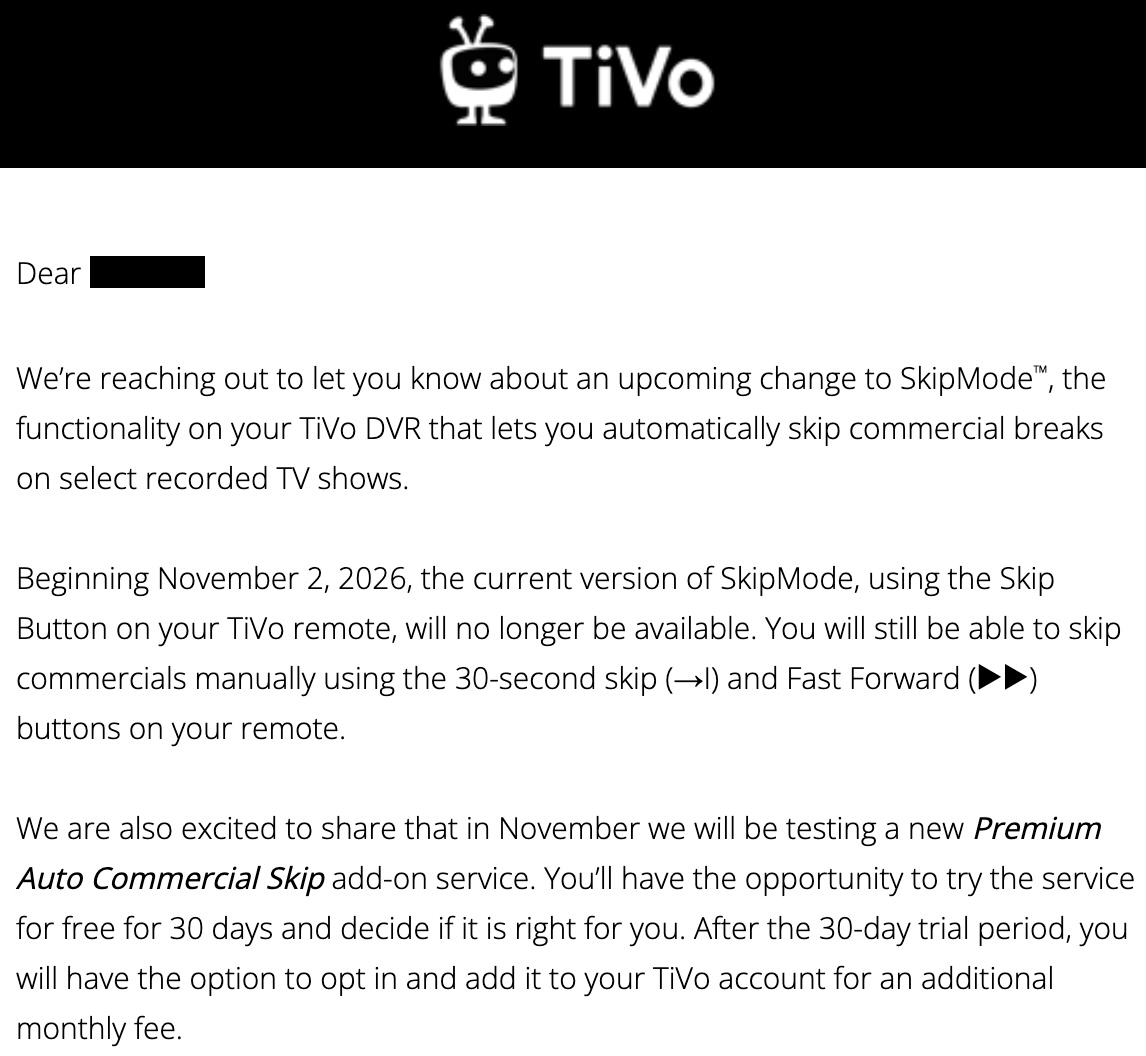 TiVo SkipMode Retirement Email